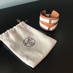 Tan and White Hermes Double Cuff Leather Bracelet.